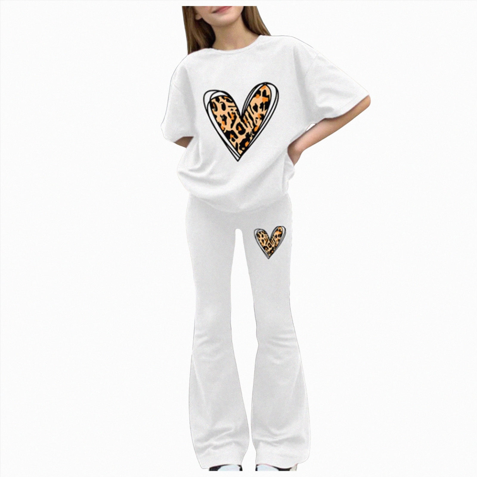 Kids Short Sleeve Pants Set Teen Girls Clothes Short Sleeve Top + Wide Leg Pants 2 Piece Outfit Set Size 11 (White,11 Years)