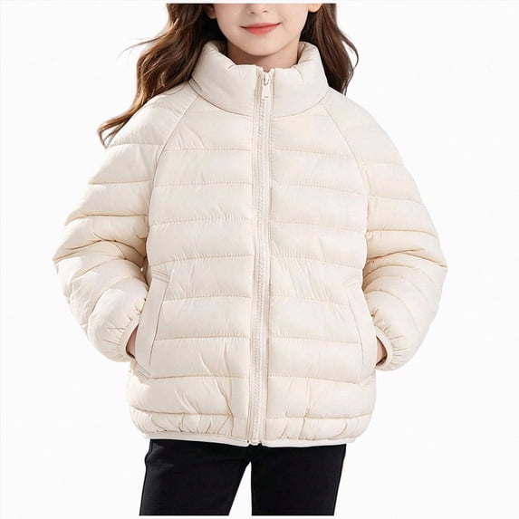 Kogui Kids Stand-Collar Puffer Jacket Hoodless Zip-Up Lightweight Winter Coat Ages 12M-8Y 5T 6T (White,5-6 Years)