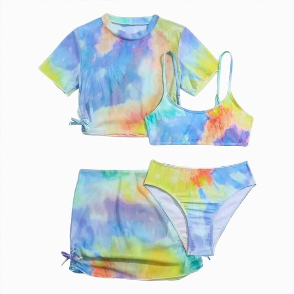 Kogui Kids Swimsuits Girls Swimsuits 3 Piece Bathing Suit Printed Bikini Set with Cover Up Skirt Summer Beach Swimwear Size 6-7 (Blue,6-7 Years)