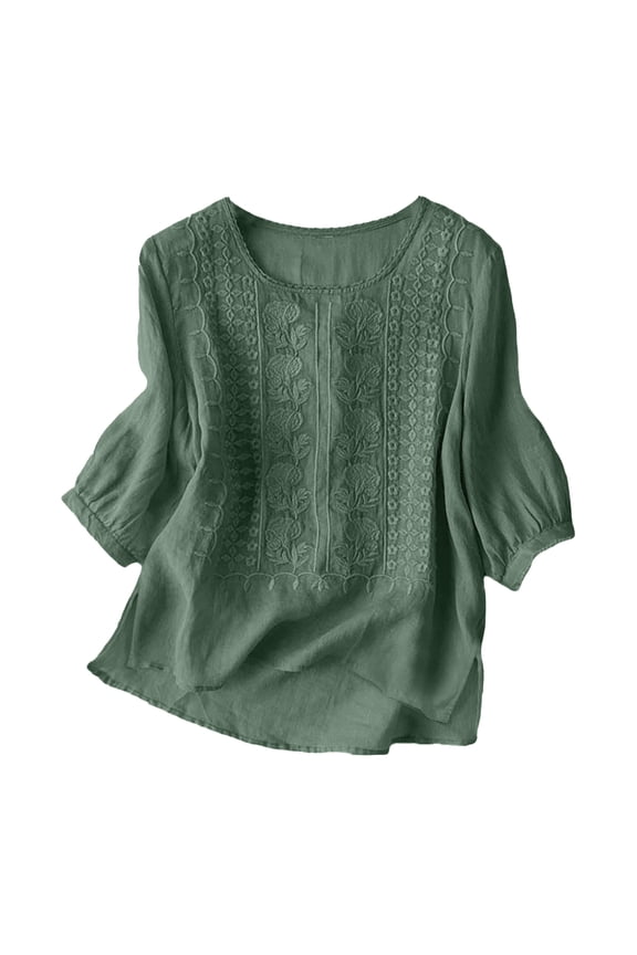 Linen Tops for Women 3/4 Sleeve Summer Boho Peasant Blouses Dressy Casual Bohemian Tunic Shirts (AG,XXXL)