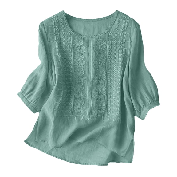 Kogui Linen Tops for Women 3/4 Sleeve Summer Boho Peasant Blouses Dressy Casual Bohemian Tunic Shirts (Mint Green,XL)