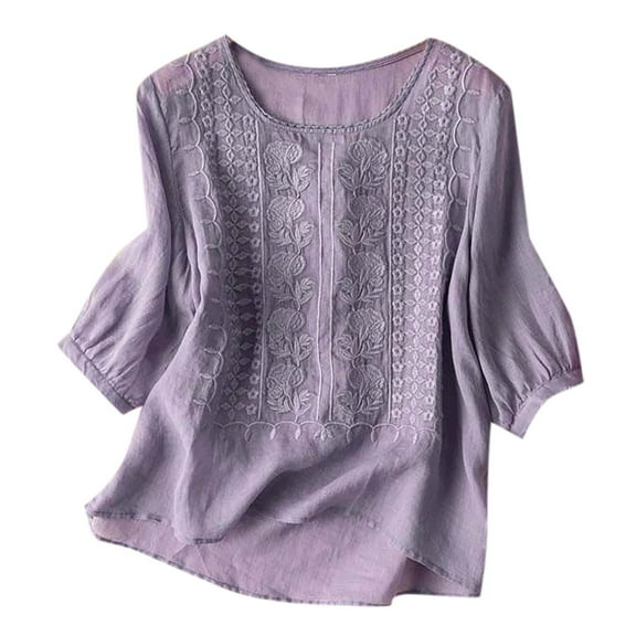 Kogui Linen Tops for Women 3/4 Sleeve Summer Boho Peasant Blouses Dressy Casual Bohemian Tunic Shirts (Purple,L)