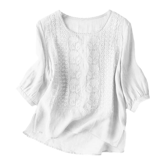 Kogui Linen Tops for Women 3/4 Sleeve Summer Boho Peasant Blouses Dressy Casual Bohemian Tunic Shirts (White,XXXL)