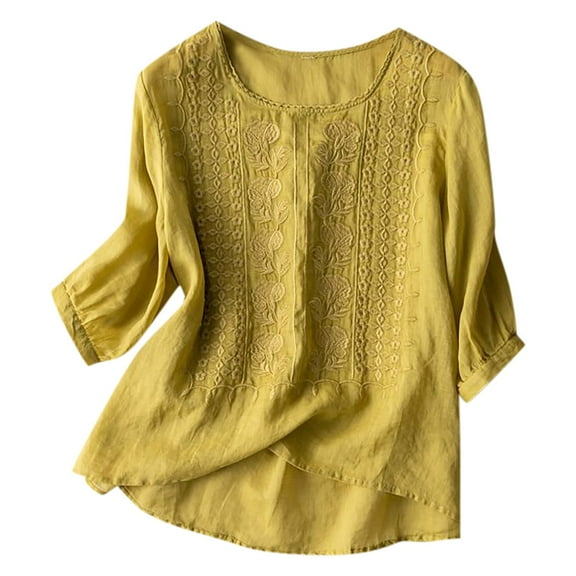 Kogui Linen Tops for Women 3/4 Sleeve Summer Boho Peasant Blouses Dressy Casual Bohemian Tunic Shirts (Yellow,M)