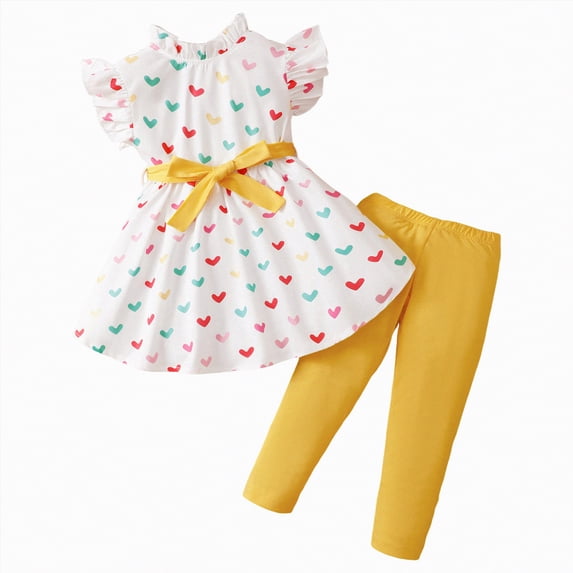 Kogui Little Girls Clothes Little Girls Clothes Short Sleeve Graphic T-Shirt Top + Pants 2 Piece Outfit Set Size 7 (Yellow,7 Years)