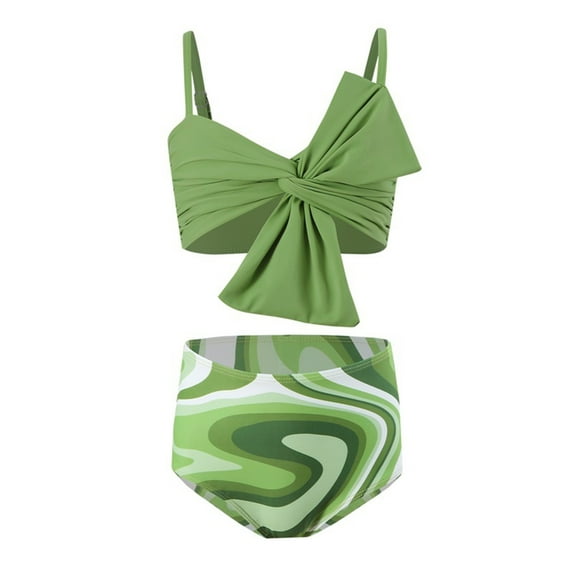 Kogui Little Girls Swimsuits Girls Swimsuit 2 Piece Bow Floral Strap Beach Swimwear Bikini Set Bathing Suits for Girls Size 8-10 Years (Green,8-10 Years)