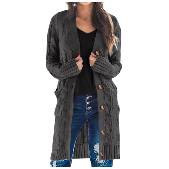 Kogui Long Sleeve Cable Knit Long Cardigan for Women 2025 Fall Winter Open Front Button Sweaters with Pockets (Dark Gray,XL)