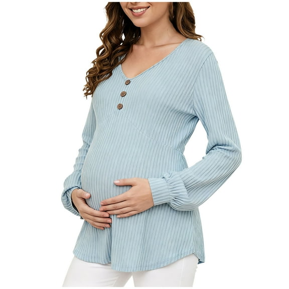 Kogui Maternity Clothes Fall Women's Maternity Shirts V Neck Long Puff Sleeve Babydoll Top Casual Smocked Ruched Pregnancy Top with Button (Blue,S)