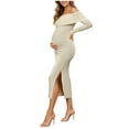 thumbnail image 1 of Kogui Maternity Cocktail Dress Off The Shoulder Maternity Dress Bell Sleeves Ruched Bodycon Maxi Elegant Pregnancy Dresses Baby Shower Photoshoot (Beige,L), 1 of 9