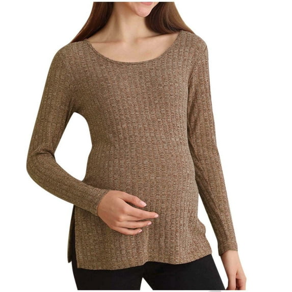 Kogui Maternity Shirts for Women Women's Maternity Shirts, Ribbed Long Sleeve Pregnancy Sweaters Crew Neck Slit Side Knit Pregnant Tunic Tee Top (Khaki,L)