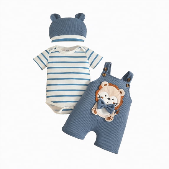 Kogui Newborn Boy Clothes Infant Baby Boys Outfits Summer Clothing Set Short Sleeves Print Romper Top Solid Color Shorts Sets 0 3 6 9 12 18 24 Months (Blue,12-18 Months)