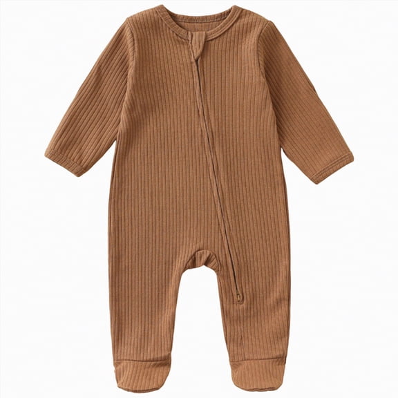Kogui Newborn Clothes for Boys Baby Boy Zipper Romper Long Sleeve Baby Pajamas with Mitten Cuffs 0 3 6 9 12 18 24 Months (Brown,6-9 Months)