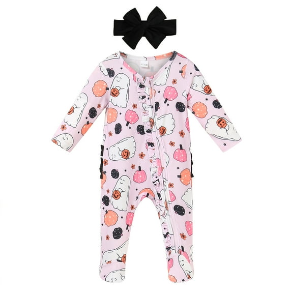 Kogui Girl Clothes Winter Baby Girl Romper Fall Winter Clothes Ruffle Sweater Long Sleeve Bodysuit Jumpsuit and Headband 0 3 6 9 12 18 24 Months (Pink,0-3 Months)