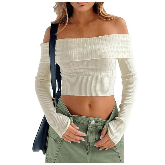 Kogui Off The Shoulder Sweater for Women 2025 Fall Fashion Cute Long Sleeve Tops Winter Ribbed Pullover Knit Outfits (Beige,XL)