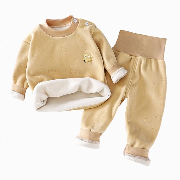 Kogui Pajamas for Toddler Girls Girls Fleece Lined Thermal Underwear Set Bear Print Long Sleeve Top and High Waist Pants Baby Toddler Pjs 6 12 Months (Brown,6-12 Months)