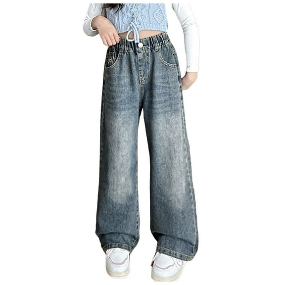 Kogui Pants for Girls Girls Baggy Jeans Distressed Denim Pants Elastic Waist Wide Leg Jeans for Girls Kids Loose Fit Size 8-9 (Blue,8-9 Years)