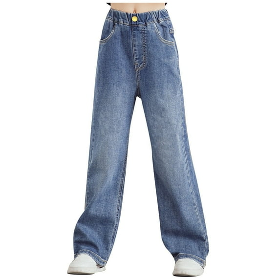 Kogui Pants for Teens Toddler Girl's Cute Graphic Baggy Jeans Elastic High Waist Wide Leg Denim Pants Size 3T 4T (Blue,3-4 Years)
