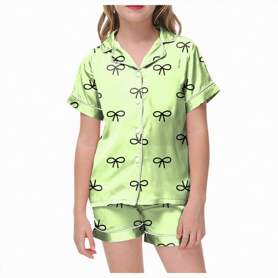 Kogui Pjs for Girls Girls Satin Pajamas Set Button Down 2 Piece Silk Pjs Shorts Set Ruffle Sleepwear Size 12-13 (Light Green,12-13 Years)