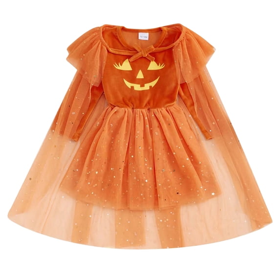 Kogui Pumpkin Sundress With Glitter Witch Cape Toddler Girls Halloween Cosplay Party Outfit Set (Orange, 6 Years)