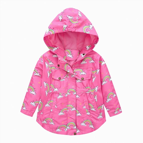 Kogui Rain Coats for Toddler Girls Toddler Girls Rainbow Print Jacket Hooded with Pocket Cotton Blend Windproof Kids Coat for Fall Sizes 2-9Y (Hot Pink,4-5 Years)