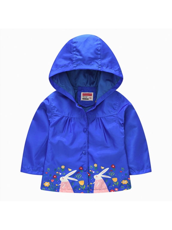 Rain Jacket Baby Girl Toddler Girls Baby Hooded Jacket Zip Up Windproof Lightweight Print Coat for Autumn Spring Outdoor Sizes 12M-5Y (Blue,18-24 Months)