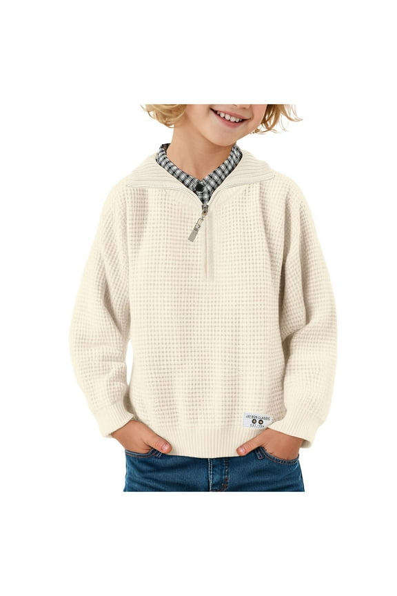 School Sweaters for Boys Boys' Long Sleeve Quarter Zip Pullover Sweater Size 8-9 Years (Beige,8-9 Years)