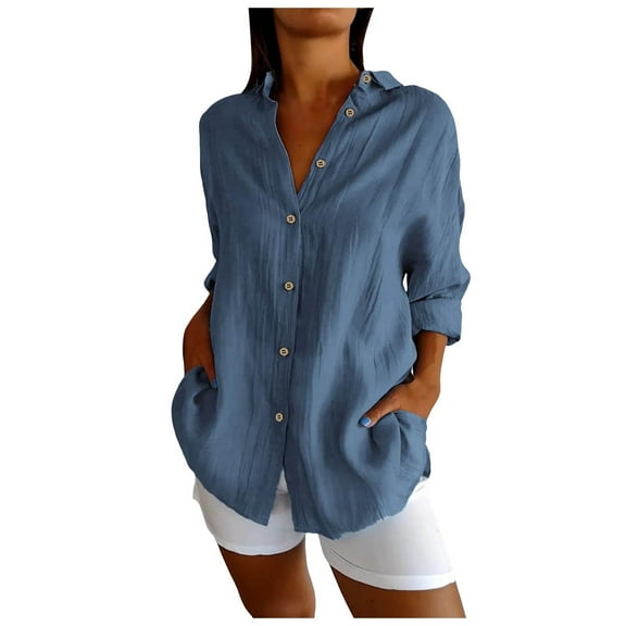 Kogui Shirts for Women Long Sleeve Classic Pleated Textured Single- Lapel Shirt for Women,Summer Lightweight Roll Up Sleeve Button Blouses (Blue,S)