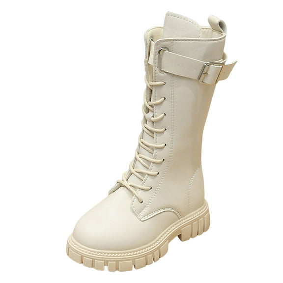 Kogui Tall White Boots for Girls Boots for Girls Lace Up Riding Combat Boots Fashion Waterproof Leather Side Zipper Boot Size 3 (White,Big Kids 3)