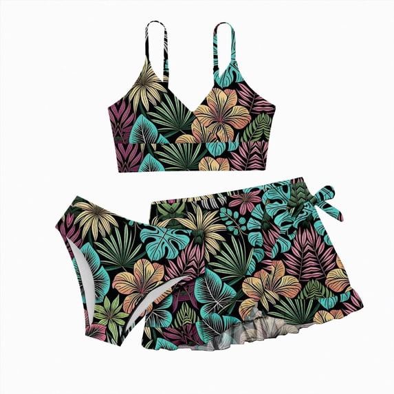 Kogui Tankini Swimsuit for Teen Girls Girls' 3 Piece Set Floral Print Bikini Swimsuit with Drawstring Beach Skirt Cute Ruched Bathing Suit Size 12-13 (Black,12-13 Years)