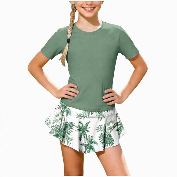 Kogui Tankini Swimsuits for Little Girls Tankini Swimsuits Two Piece Bathing Suit Ruffle Swimwear Set for Girls Size 6-7 (Green,6-7 Years)