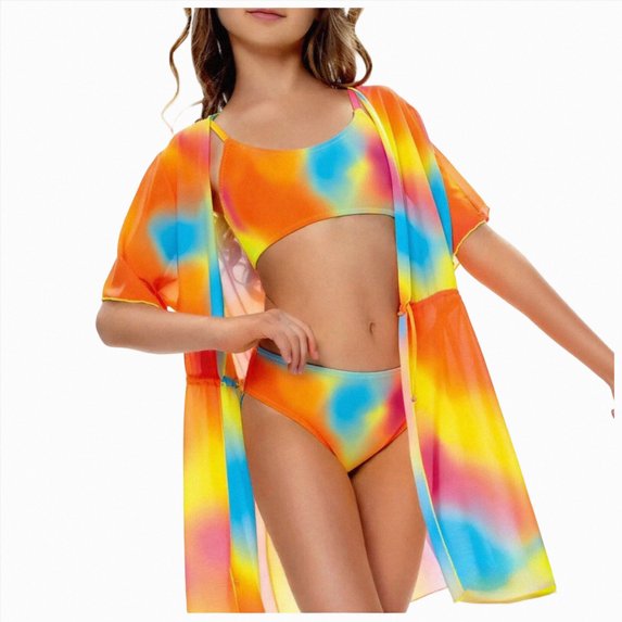Kogui Teen Bathing Suits Bikini Girls Swimsuit 3 Pieces Gradient Bathing Suit Color Block Bikini Set with Cover Up Skirt Swimwear Size 9-10 (Orange,9-10 Years)