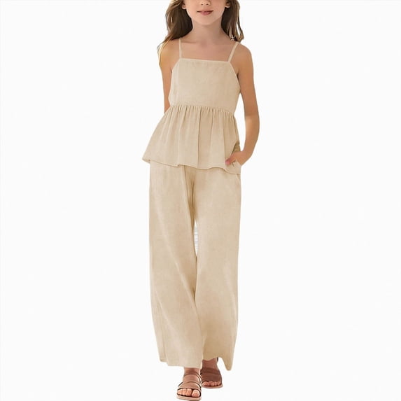 Kogui Teen Clothes for Girls Trendy Girls 2 Piece Outfits Trendy Short Sleeve Bow Print Tops Wide Leg Cargo Pants Sets Casual Summer Clothes Size 13-14 (Beige,13-14 Years)