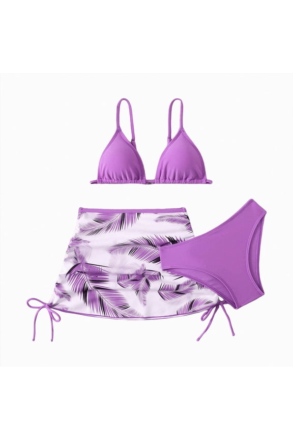 Teen Girl Tankini Girl's Cute 3 Piece Swimsuit V Neck Spaghetti Strap Wireless Triangle Bikini Set Sunflower Bathing Suit Size 9-10 (Purple,9-10 Years)