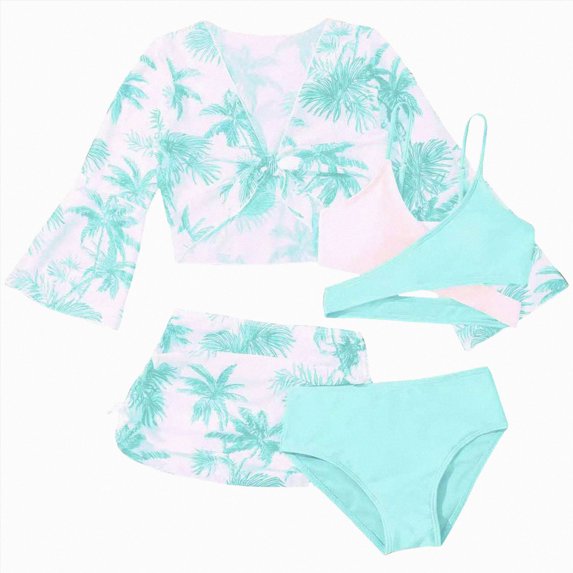 Kogui Teen Tankinis Girl's 3 Piece Boho Floral Bikini Sets Summer Swimsuits with Beach Cover Up Skirt Size 9-10 (Sky Blue,9-10 Years)