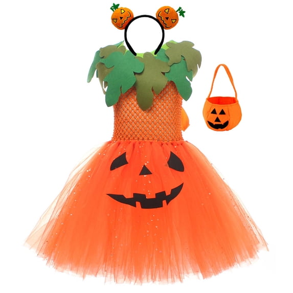 Kogui Three-Piece Kids Pumpkin Print Sundress Halloween Cosplay & Show Performance Costume (Orange, 10-12 Years)