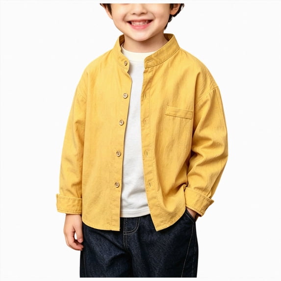 Kogui Toddler Baby Boy Button Down Long Sleeve Shirts Casual Tops Stand Collar School Daily Wear Fall Clothes for Kids 3T 4T (Yellow,3-4 Years)