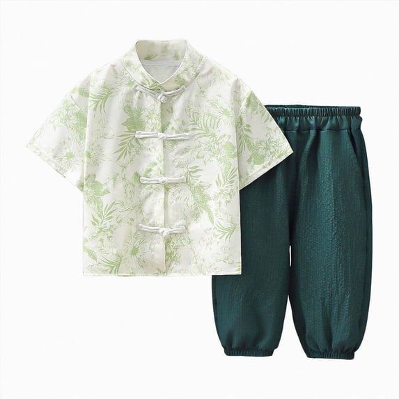 Kogui Toddler Boy Summer Clothes Solid Color Cotton Linen Henley Shirts Button Down Casual Pants Set Outfits 2T 3T (Light Green,2-3 Years)