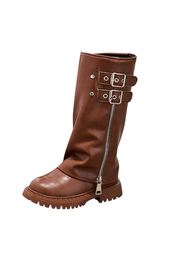 Toddler Cowboy Boots Girls Boots Winter Knee High Zip Up Lace Up Outdoor Booties Fashion Long Leather Boot for Little Kid Big Kid Size 3.5 (Brown,Big Kids 3.5)