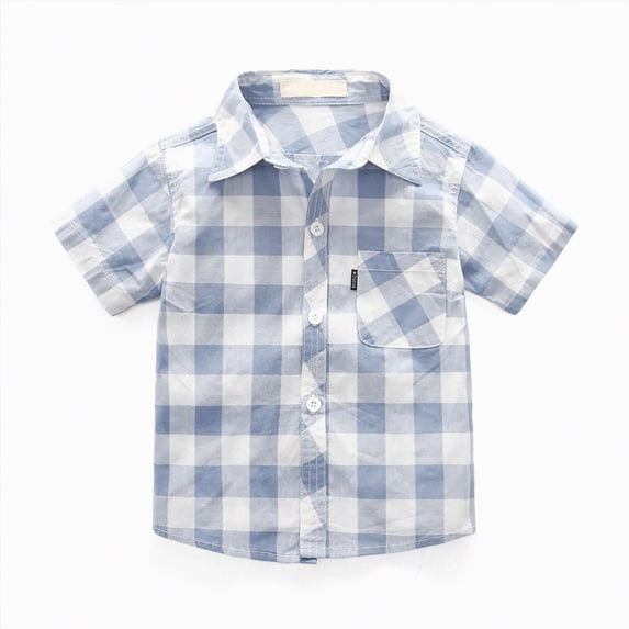 Kogui Toddler Dress Shirts for Boys Toddler Boys Girls Shirts Jacket Plaid Short Sleeve Lapel Button Down Shacket Baby Outwear Shirts for Boys Girls 1T 2T (Light Blue,1-2 Years)