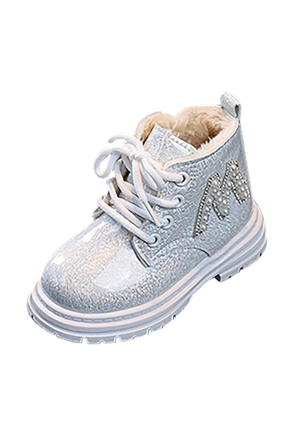 Toddler Fall Boots Boys Girls Waterproof Lace Up Glitter Mid Calf Combat Boots with Side Zipper for Toddler/Little Kid/Big Kid Size 9 (White,Toddler 9)
