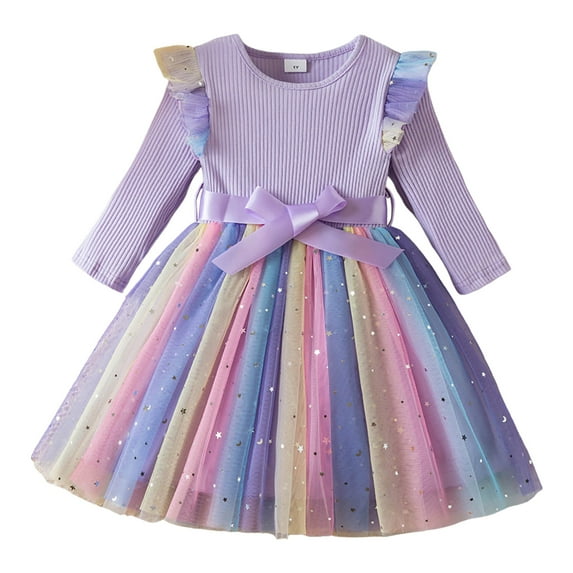Kogui Toddler Girl Long Sleeve Dress Girls Fall Long Sleeve Dress for Girl Casual DressesSize 4T 5T(Purple,4-5 Years)