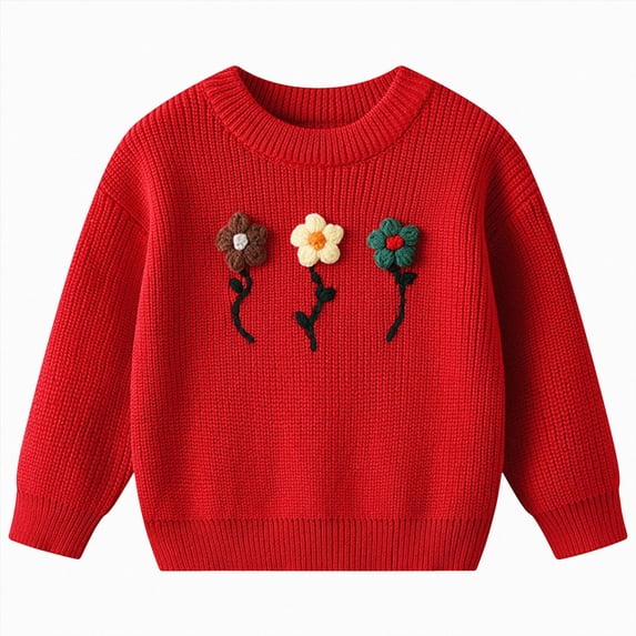 Kogui Toddler Girls Sweater Girls Bell Sleeve Round Neck Knit Sweaters Kids Fashion Crop Pullover Sweater Tops 1T 2T (Red,1-2 Years)