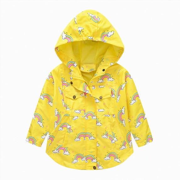 Kogui Toddler Rain Jacket Toddler Girls Rainbow Print Jacket Hooded with Pocket Cotton Blend Windproof Kids Coat for Fall Sizes 2-9Y (Yellow,3-4 Years)