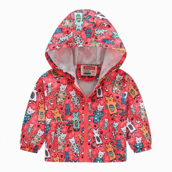 Kogui Toddler Rain Jackets for Girls Toddler Kids Cartoon Print Hooded Jacket Nylon Windbreaker Two Pockets Lightweight Zipper Coat for Baby Girls Sizes 12M-5Y (Red,3-4 Years)