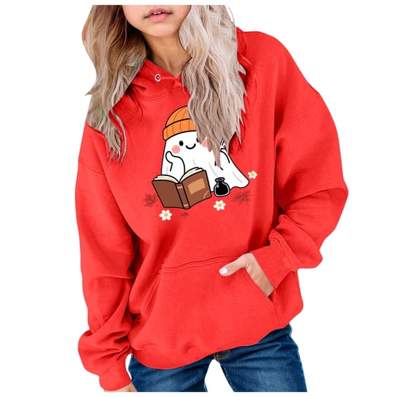 Kogui Trendy Printed Hooded Sweatshirt For Girls, Standard Hood Silhouette, Halloween Season Daily Wear Tops (Red, 13-14 Years)