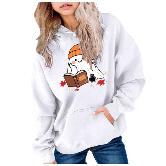 Kogui Trendy Printed Hooded Sweatshirt For Girls, Standard Hood Silhouette, Halloween Season Daily Wear Tops (White, 6-7 Years)