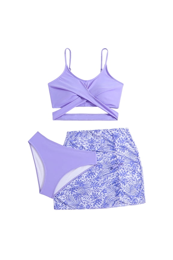 Tween Girl Swimsuit Teens Girls Flower Swimsuit 3 Piece Spaghetti Straps Cute Quick-Dry Bikini Sets with Swim Skirt Bathing Suits Tankini Size 13-14 (Purple,13-14 Years)