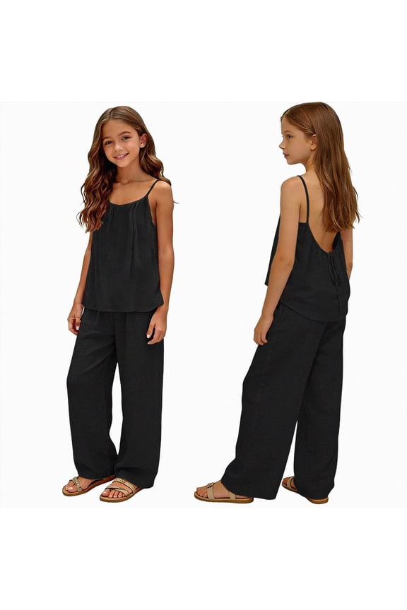 Tween Outfit Girls 2 Piece Outfits Short Sleeve T Shirts Wide Leg Pants Matching Lounge Set with Pockets Size 11-12 (Black,11-12 Years)