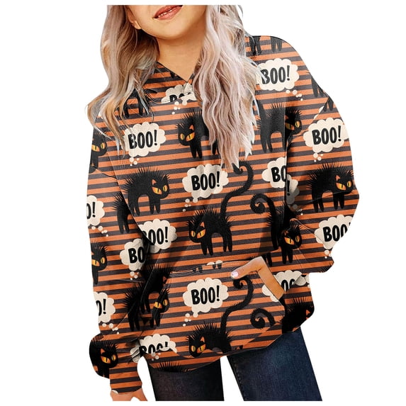 Kogui Warm Fall Winter Outer Sweatshirt For Girls, Hooded Long Sleeve Pullover With Pockets, Casual Halloween Print Tops (Khaki, 7-8 Years)