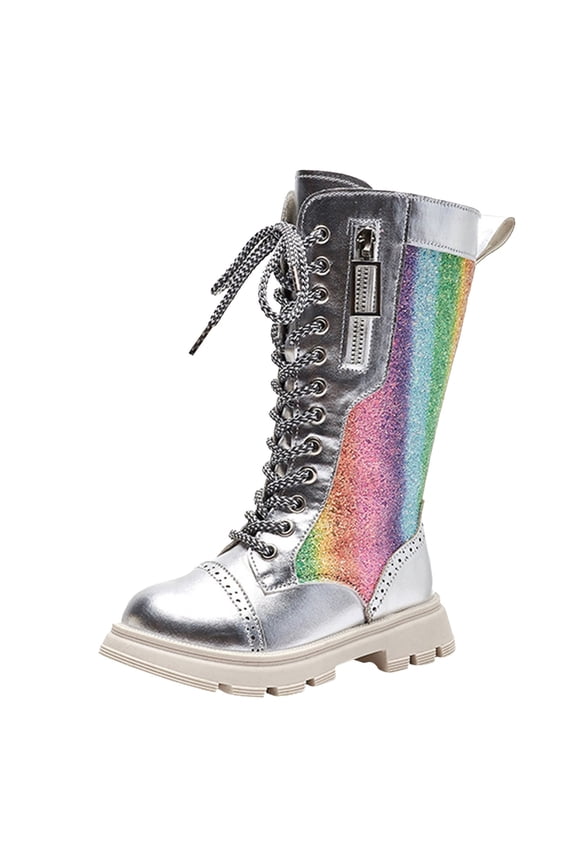 White Boots for Girls Combat Boots for Girls Lace Up Riding Boots Mid Calf Fashion Waterproof Non Slip Side Zipper Boot Fall Winter Spring Size 13 (Silver,Little Kids 13)